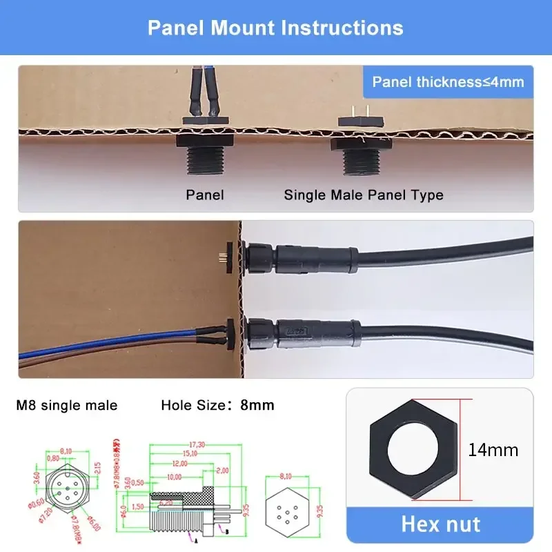 M8 Waterproof Butt/Panel Plug Sensor Power Cable LED Lamp Wire American Standard 2/3/4 Pin Male Female Butt Plug Connector 20cm
