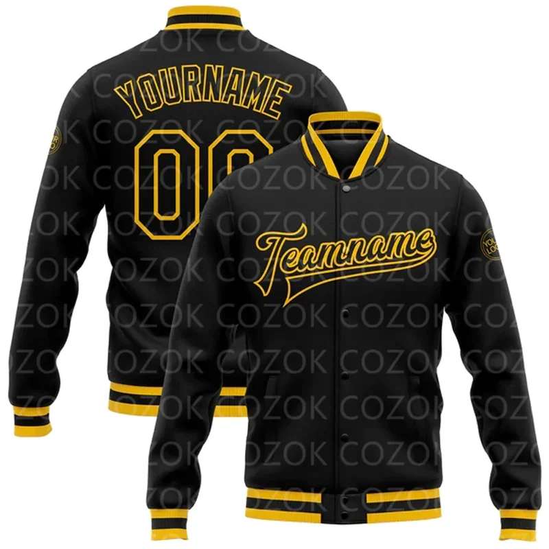 

Custom Black Yellow 3D Printed Baseball Button Jacket Bomber Full-Snap Varsity Letterman Jacket