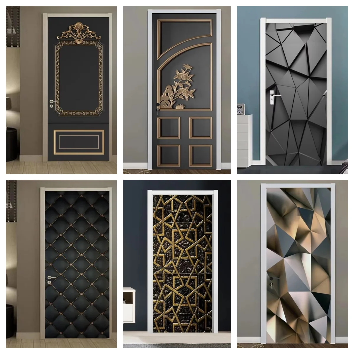 

Black Geometry Door Wallpaper Modern Tech Style PVC Self-adhesive Bedroom Mural Stickers Living Room Home Decor Door Sticker