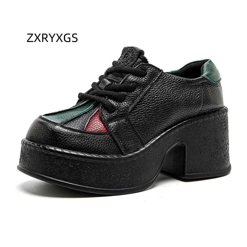 ZXRYXGS Top Layer Cowhide Splicing Spell Color Thick Sole Increase Women High Heeled Shoes 2025 New Autumn Lace-up Fashion Shoes