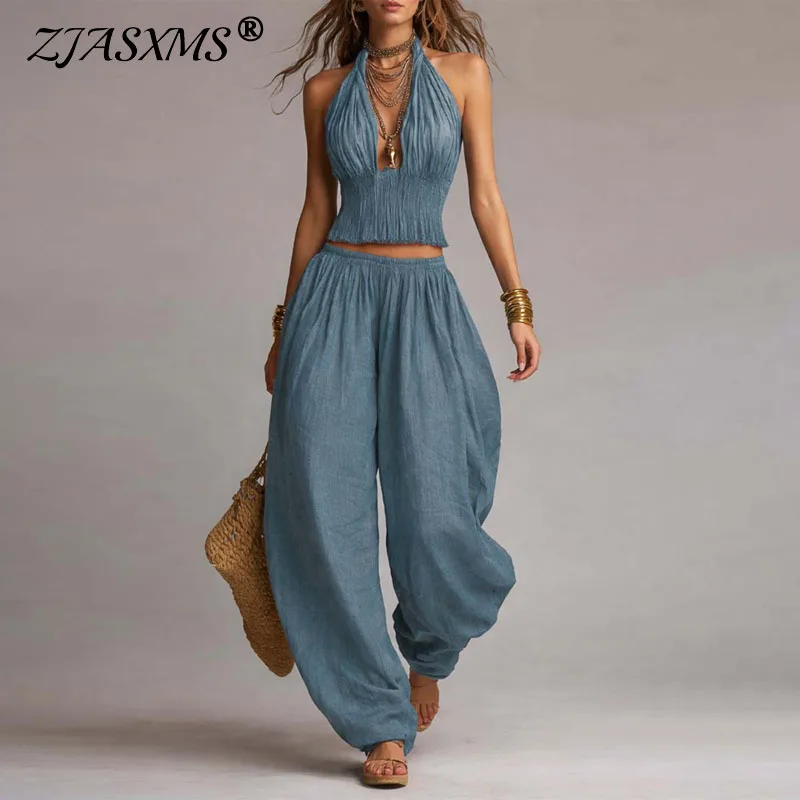 Boho Smocked Halter Crop Top+Harem Pants Set Casual Sleeveless V Neck Backless Vacation Outfits for Women Spring Summer 2pc Suit