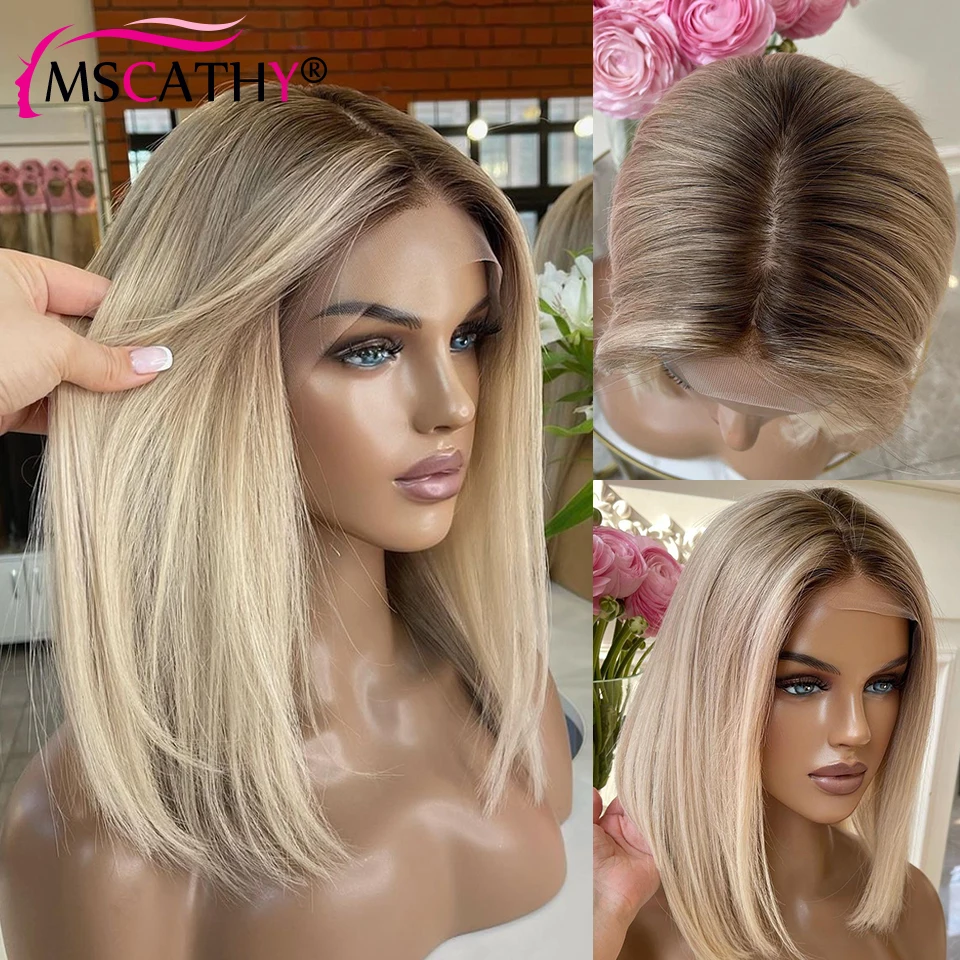 Perucas de cabelo humano Ombre loiro cinza para mulheres, Bob reto curto, peruca frontal de renda, raízes marrons, peruca de renda transparente 13x4 HD