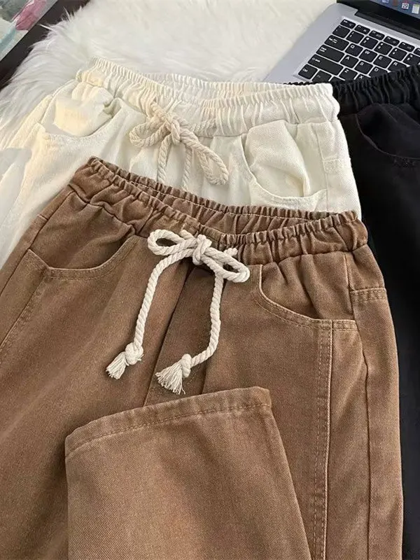 

Модные свободные джинсы прямого кроя для мужчин, винтажные повседневные длинные брюки с эластичной резинкой на талии, молодежные, на все сезоны