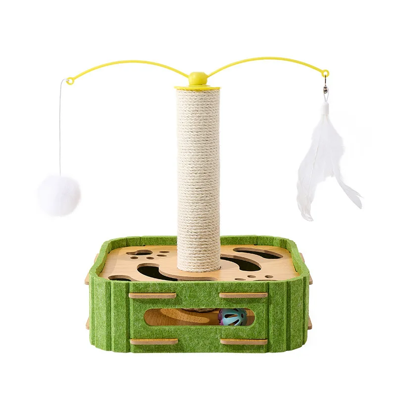 Interactive Cat Puzzle Box with Scratching Post Feather Teaser Ball Track Turntable Smart Toy for Indoor Kitten Play Training