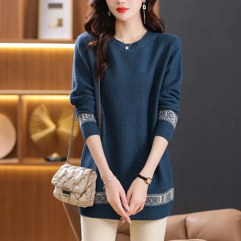 5XL Large Size Mid Length Knitted Sweater Women\'s Pullovers O-Neck Loose Knit Jumper Spring Autumn All-match Casual Sweaters