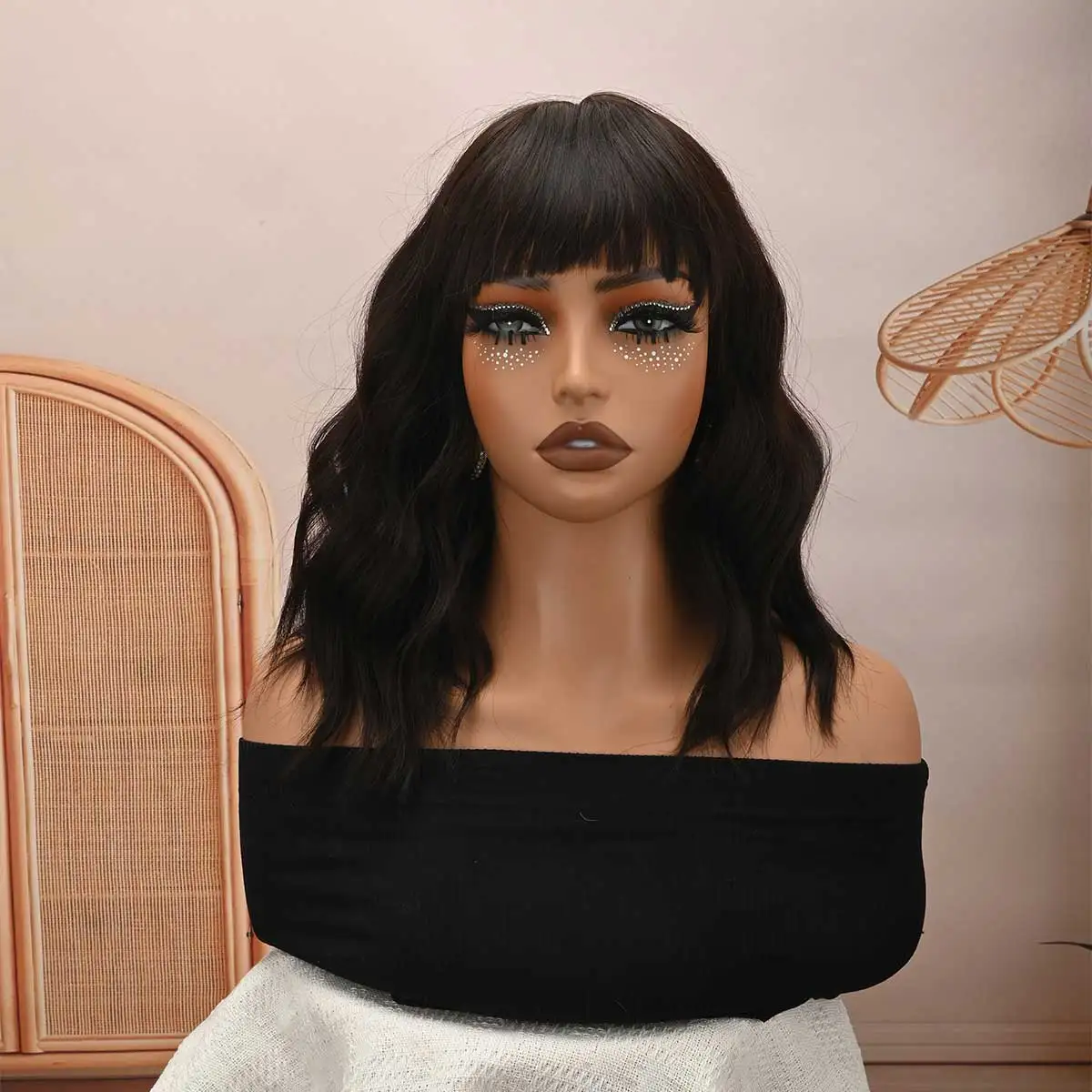 Dark Brown Wavy Bob Wig with Bangs, Heat‑Resistant Synthetic Glueless Wig Natural Looking Daily Fashion Wig
