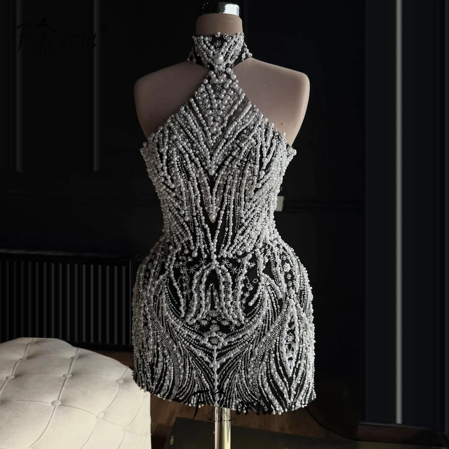 

Fashion Heavy Pearls Beads Black Cocktail Dress Sleeveless Customized Short Prom Homecoming Dress Luxury Birthday vestidos gala