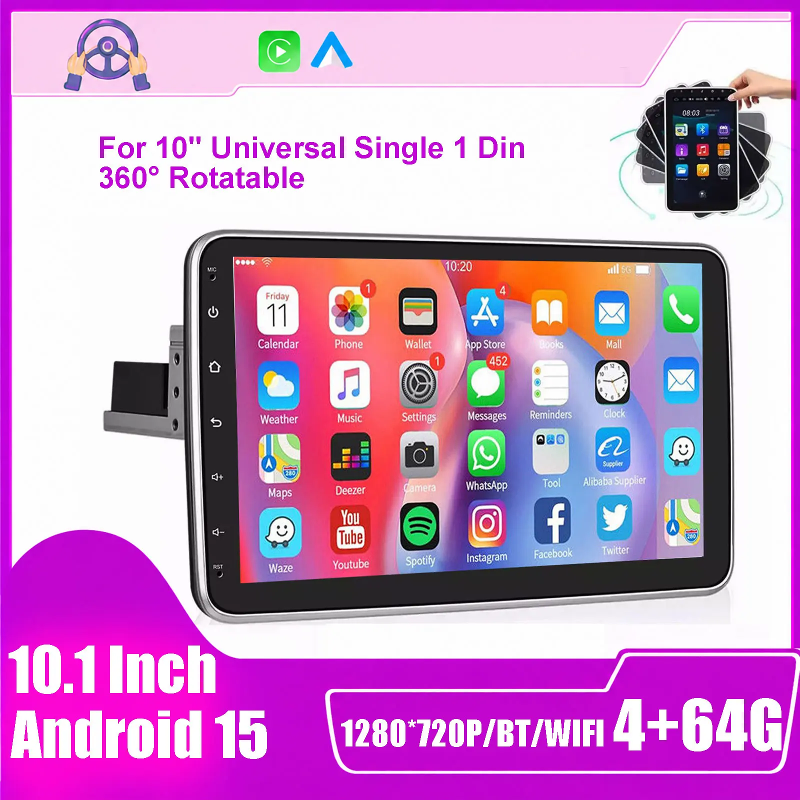 MOPECT 10' Car Stereo Rotatable Screen Single Din Car Radio Support Wireless CarPlay Android Auto FM/RDS Radio Multimedia Player GPS Navi Android 15 4+64G