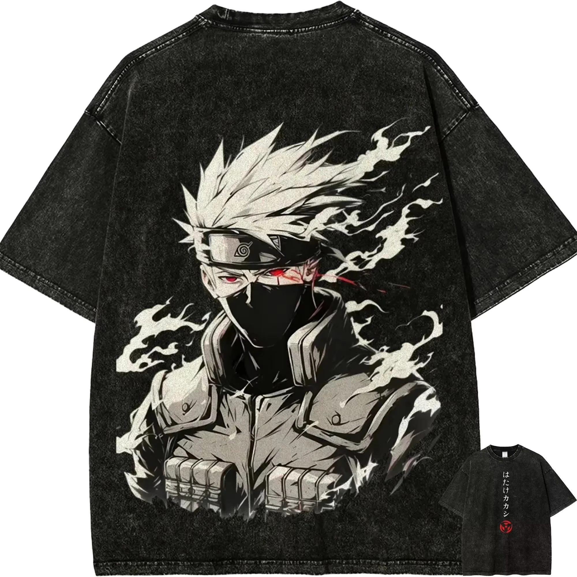 Naruto Kakashi Hatake T Shirt Sharingan Eye Vintage Acid Wash Streetwear Retro Anime Graphic Cotton Men's and Women's Tees Top