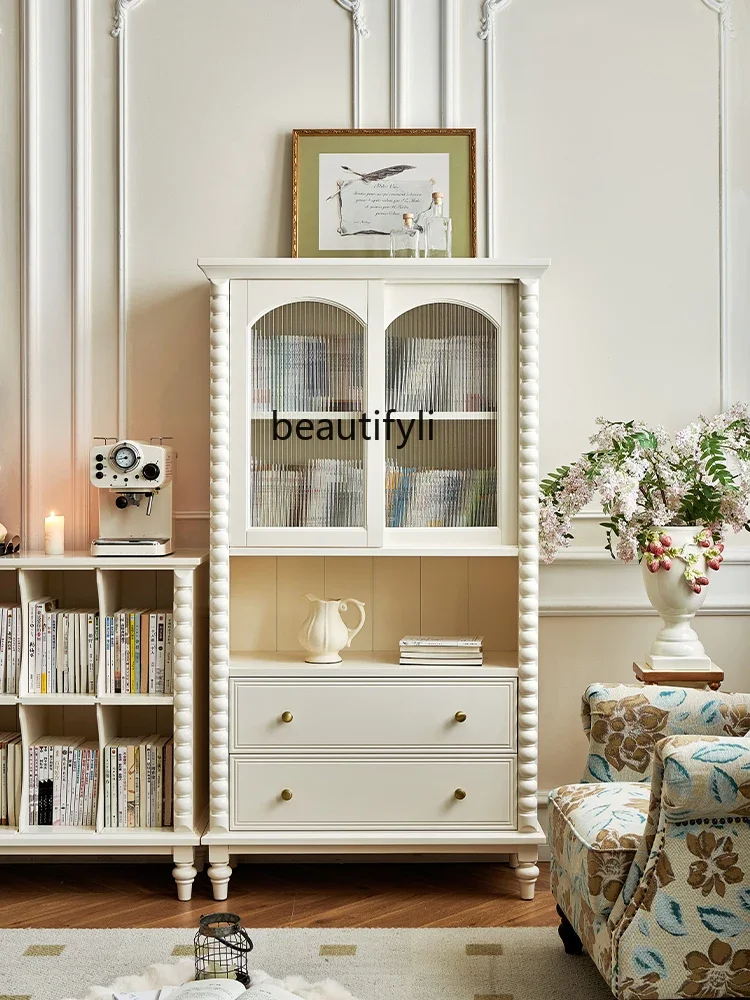 

White Cream Style Bookcase Light French Living Room with Glass Door Wine Cabinet Storage Display Cabinet R