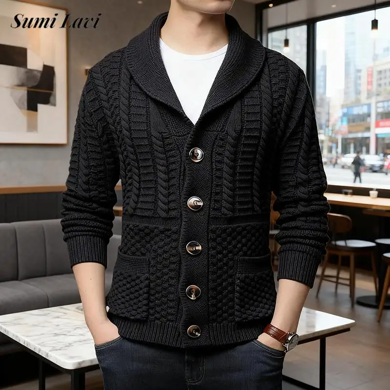 

Осень-зима, повседневные однобортные кардиганы, мужские вязаные текстурированные приталенные свитера, куртка, мужские винтажные свитера с отложным воротником