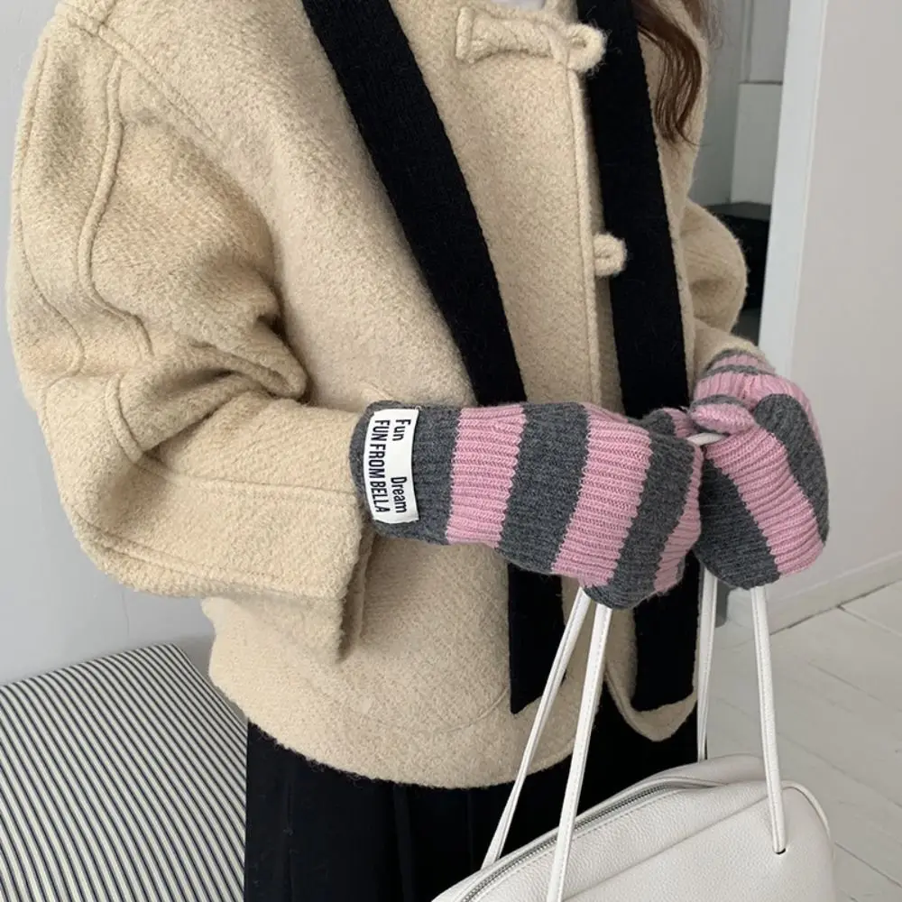 Fashion Thickened Winter Warm Riding Gloves Preppy Korean Striped Gloves Lengthened Cold-proof Electric Vehicle Gloves Girl