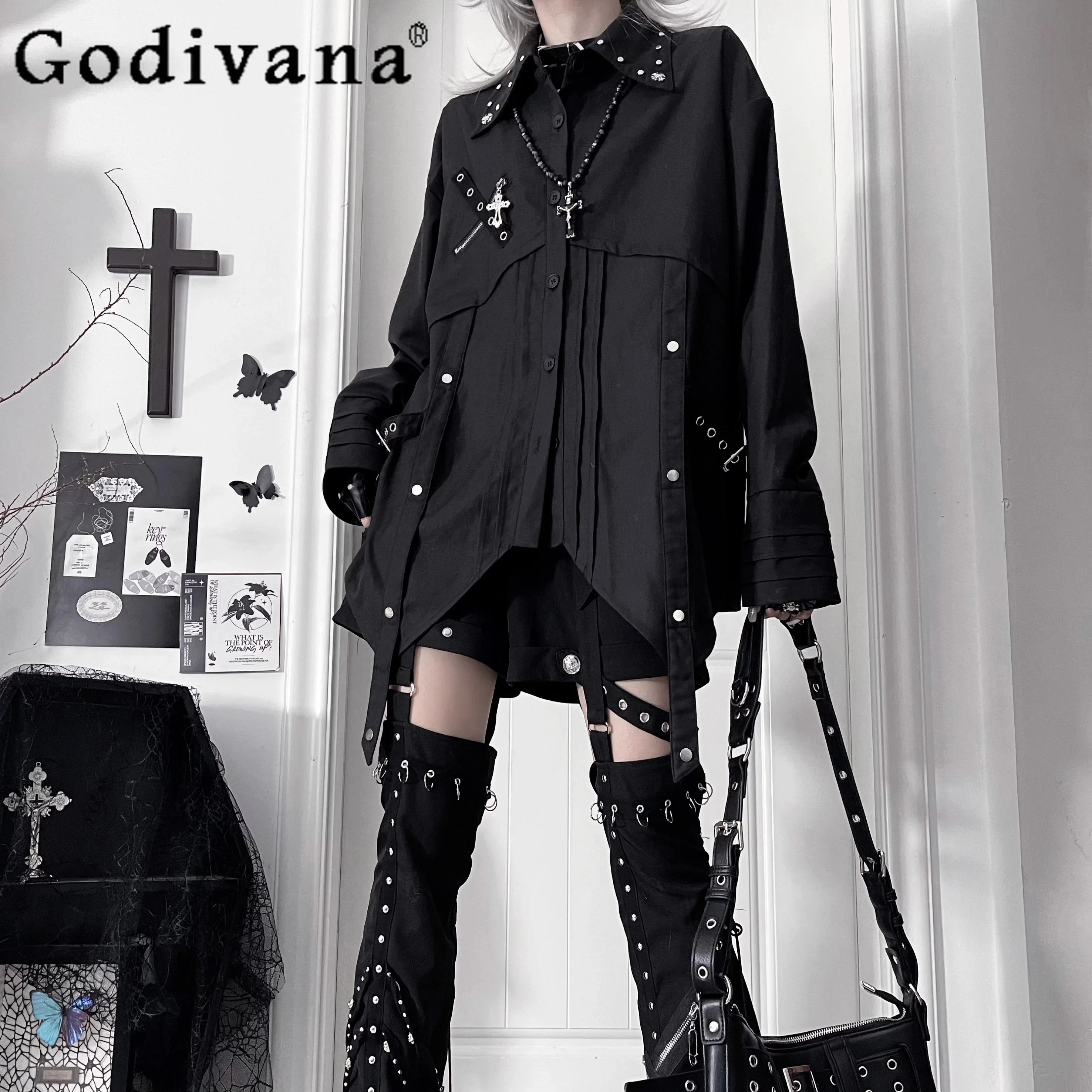 

Original Subculture Sweet Cool Black White Shirts Autumn 2025 Woman's Gothic Dark Harajuku Aesthetic Long Sleeve Blouses Tops