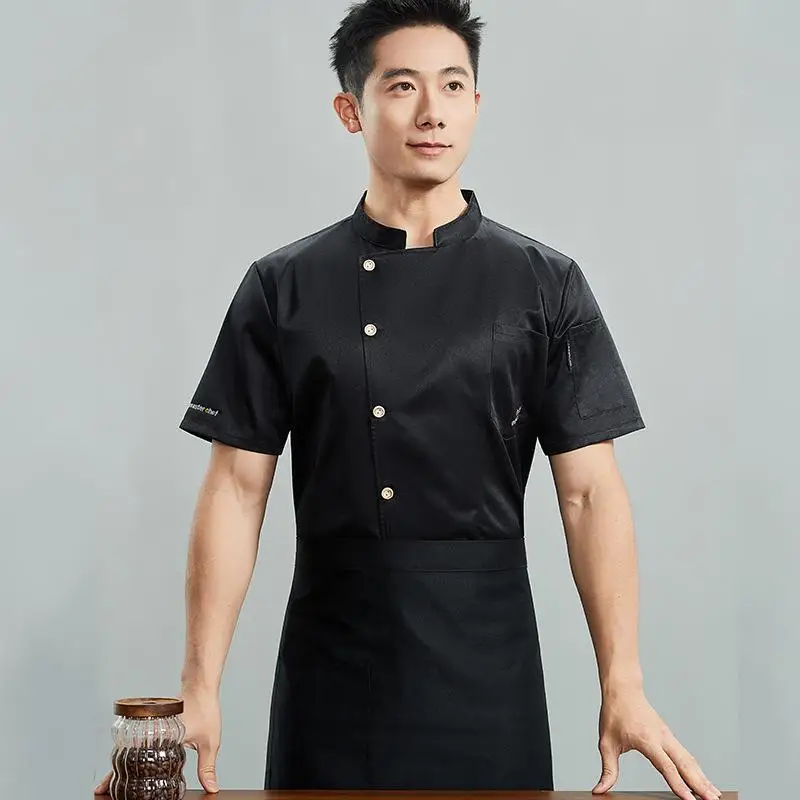 Chef Uniform Customized Logo Men's Short Sleeve Thin Design Hotel Kitchen Cooking Work Clothes Cake Baking Coffee Shop Top