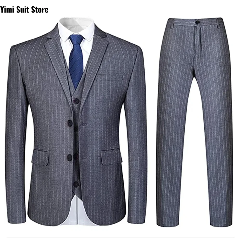 

New Black Pinstripe Men Suits 3 Piece Summer One Breasted Groom Suit Slim Smart Casual Office Wedding Suits Jacket+Vest+Pants