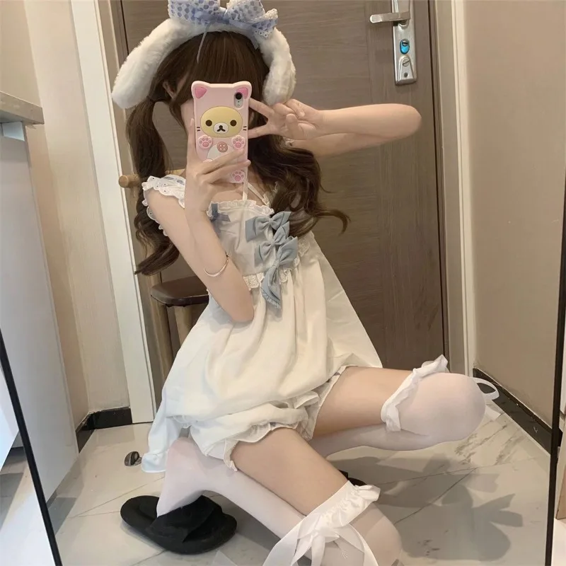 Japanese Soft Girl Strappy Bow Sling Top Shorts Two Piece Set Cotton Pajamas Women\'s Lolita Sleepwear 2024 New Summer