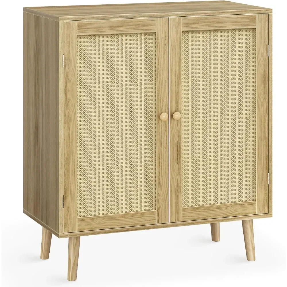 Armário de armazenamento com PE Rattan Decor Doors Accent Cabinet com pés de madeira maciça, Buffet Cabinet