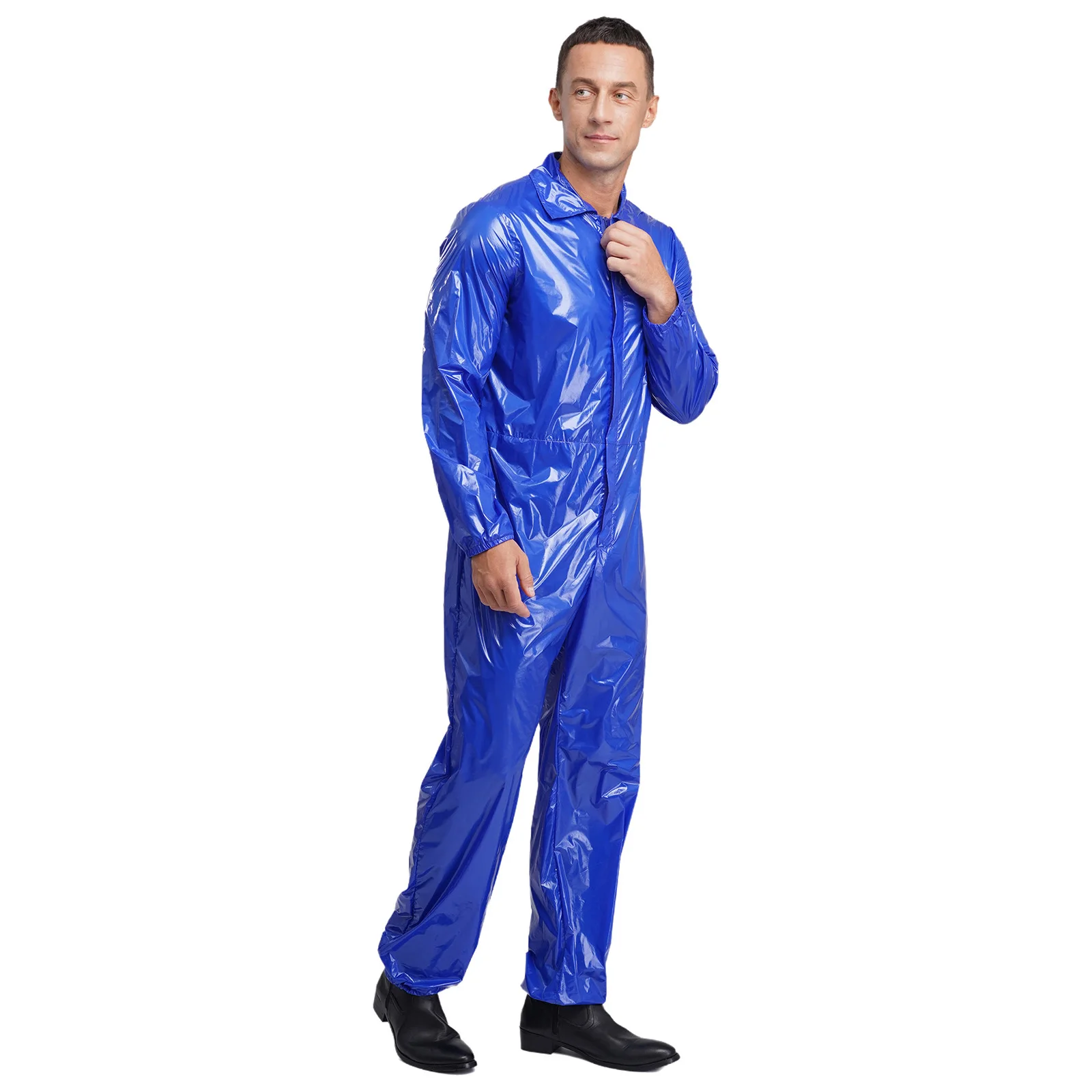 ชุดคลุมกันน้ำสำหรับผู้ชาย ชุดทำงาน ปกพับลง แขนยาว ซิปด้านหน้า เอวยางยืดด้านหลัง ชุดจั๊มสูทแบบชิ้นเดียว