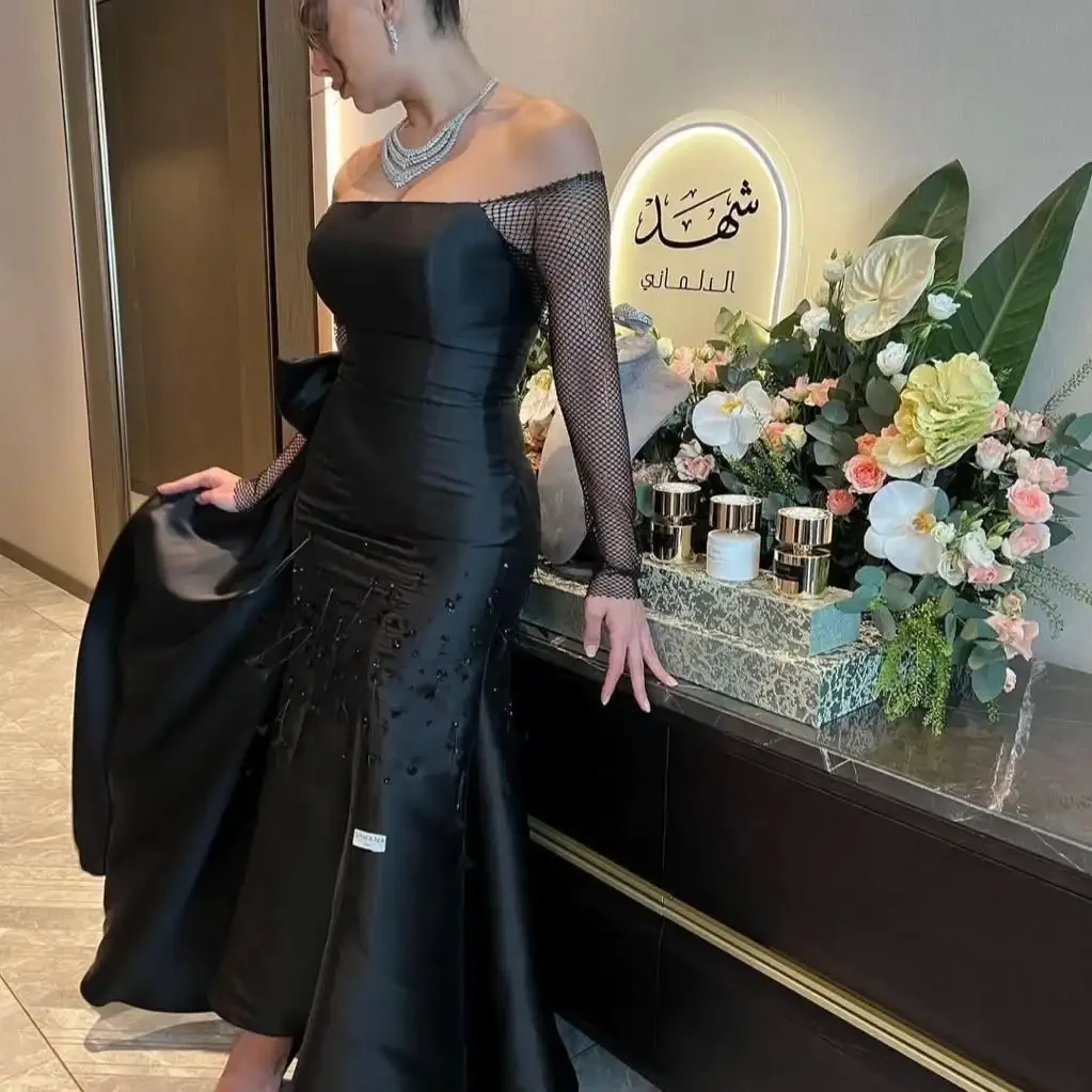 

Customized Sexy Satin Mermaid Off the Shoulder Sequined Evening Dress High Quality Long Sleeves Celebrity Gowns Custom Size