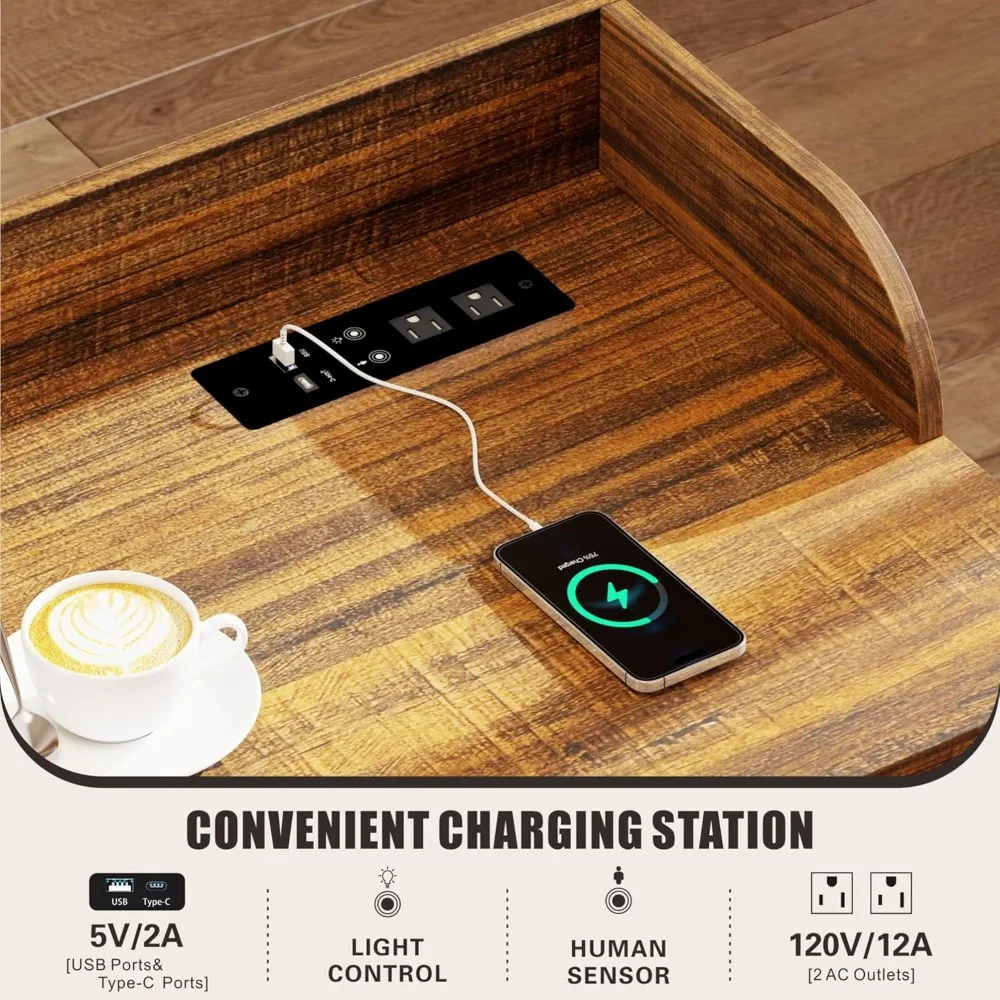 Tavolino letto regolabile in altezza e lunghezza con stazione di ricarica e luce a LED per letti queen size