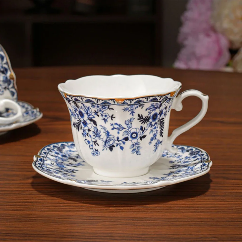 Light Luxury Peony Flower Golden Edge Ceramics Coffee Cup and Saucer Set European Afternoon Tea Cup Home Blue Flower Tea Cup