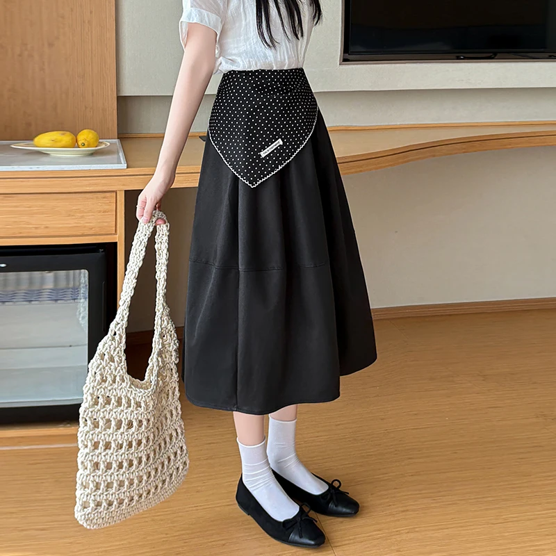 Women Korean Midi Skirt With Matching Scarf Elastic Waist Floral Bud Design High Waist Casual Long Skirt 2026 Summer