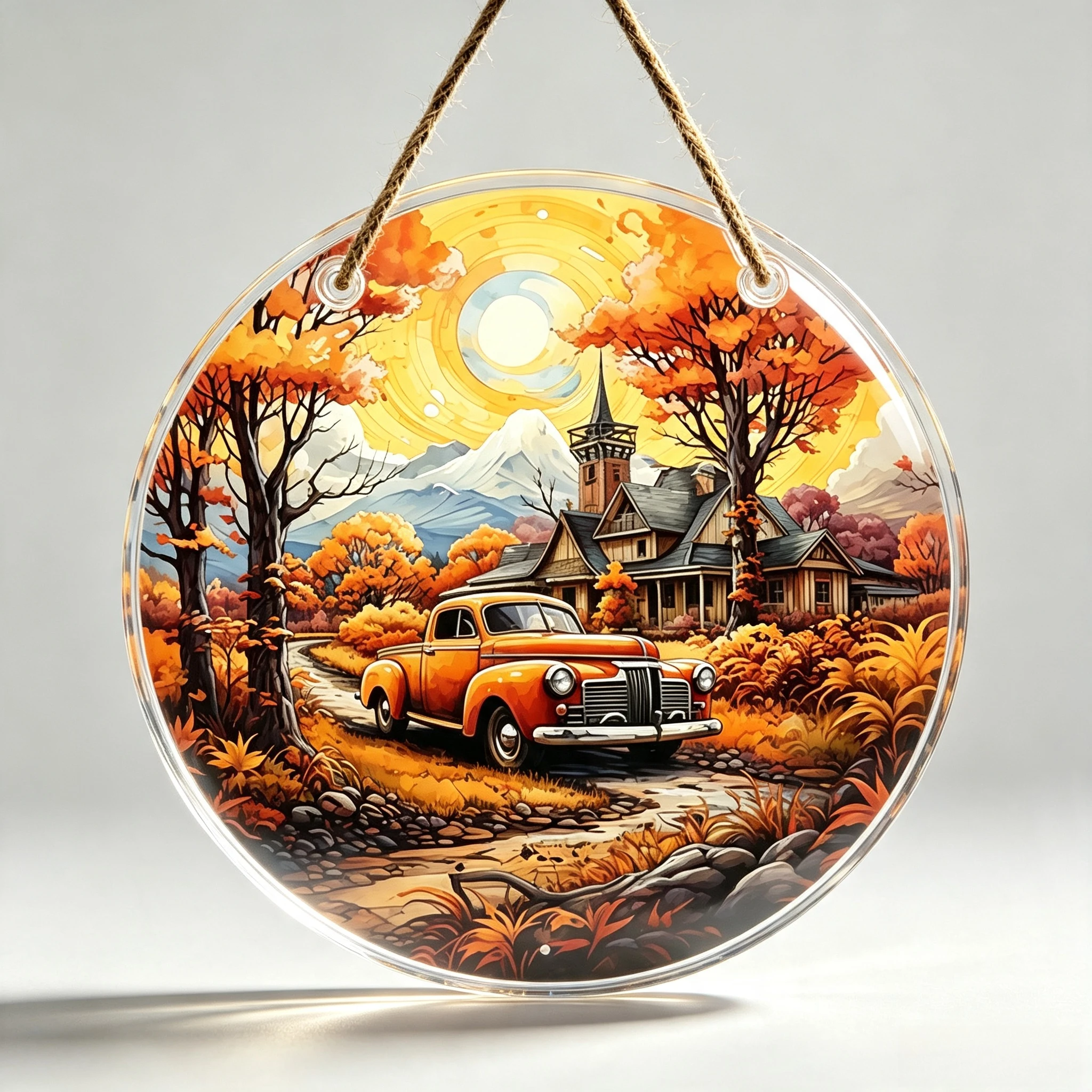 Warm Tone Autumn Rural Vintage Truck Circular Welcome Sign Patio Entryway Decor