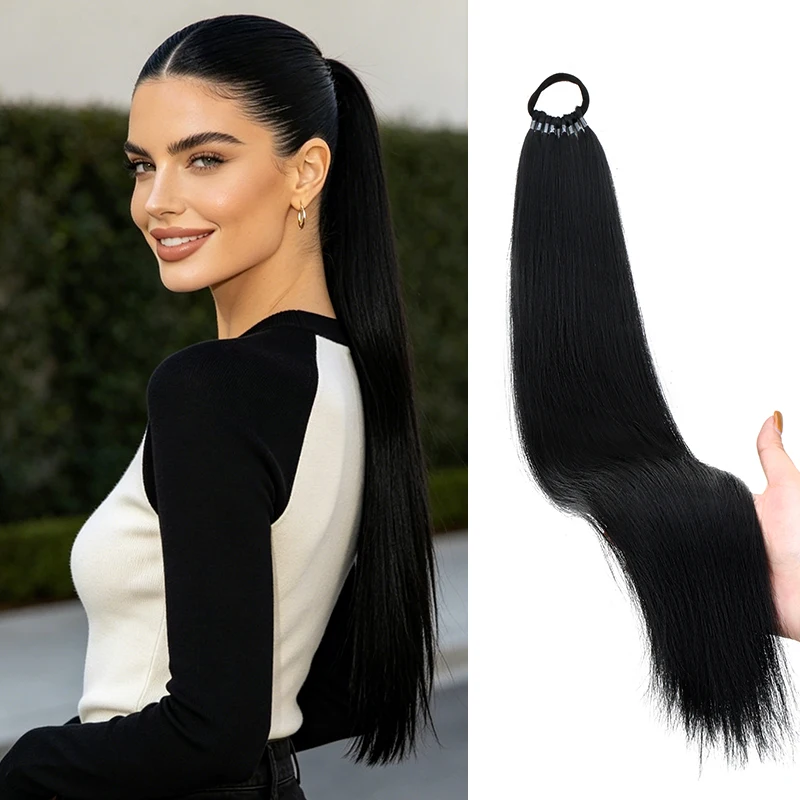Synthetic 22Inch Long Straight Ponytail Hair Extension Heat Resistant Silky Elastic Rubber Band Hairpiece For Women Daily Use