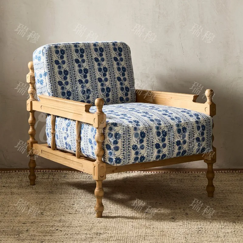 French retro fabric solid wood American pastoral print single chair household bedroom balcony sofa chair
