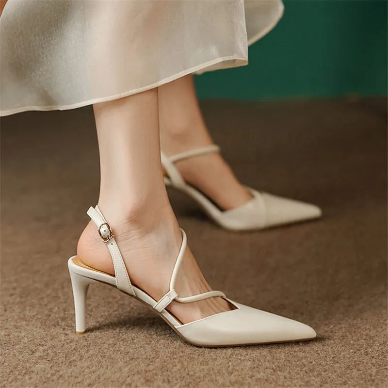 New Summer Sandals Genuine Leather Women Sandals Pointed Toe Back Strap Thin Heel Shoes for Women Casual Shoes Zapatos De Mujer