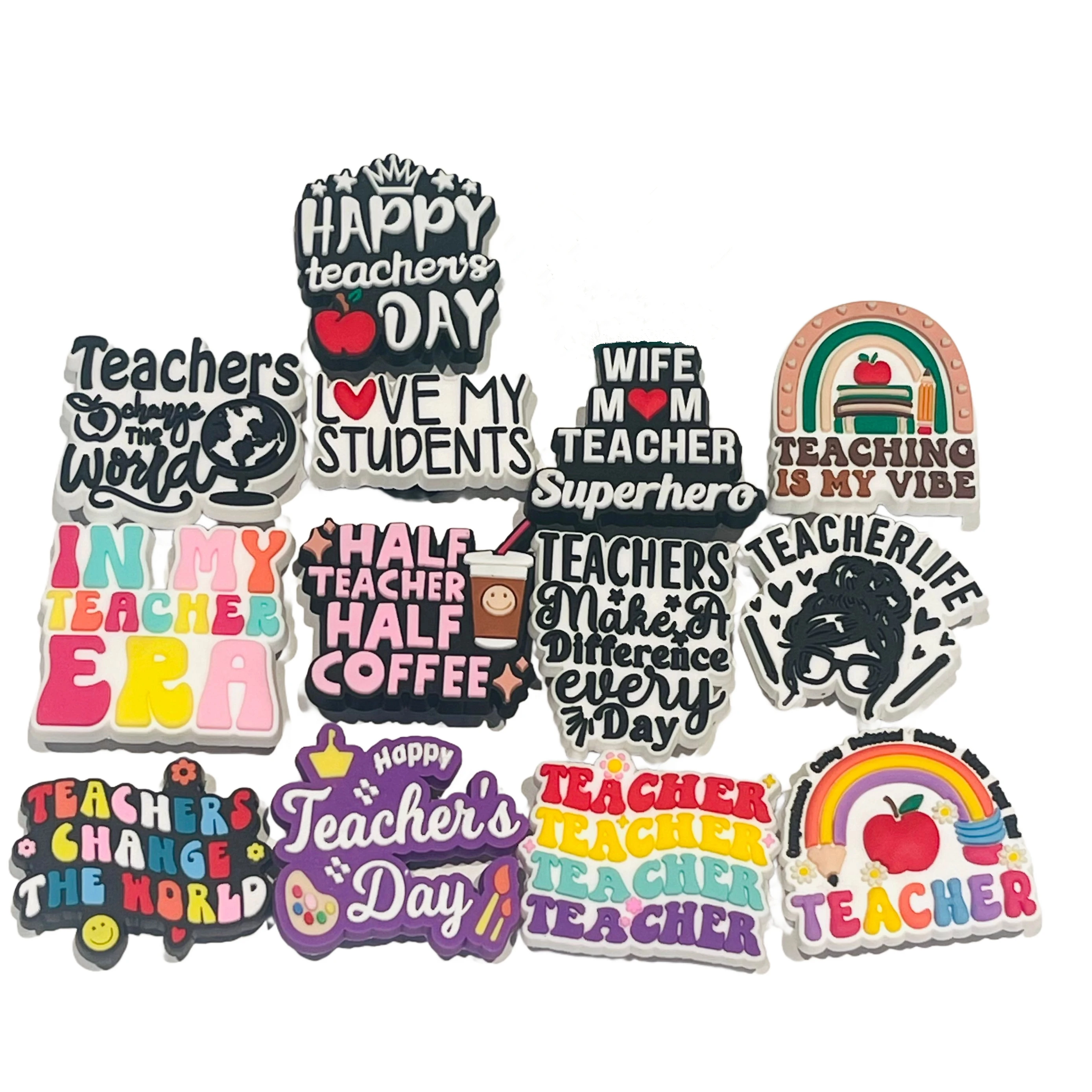1-13Pcs Happy Teacher's Day PVC Shoe Charms Teaching is My Vibe Clog Button Decorations Fit Man Woman Holiday Present