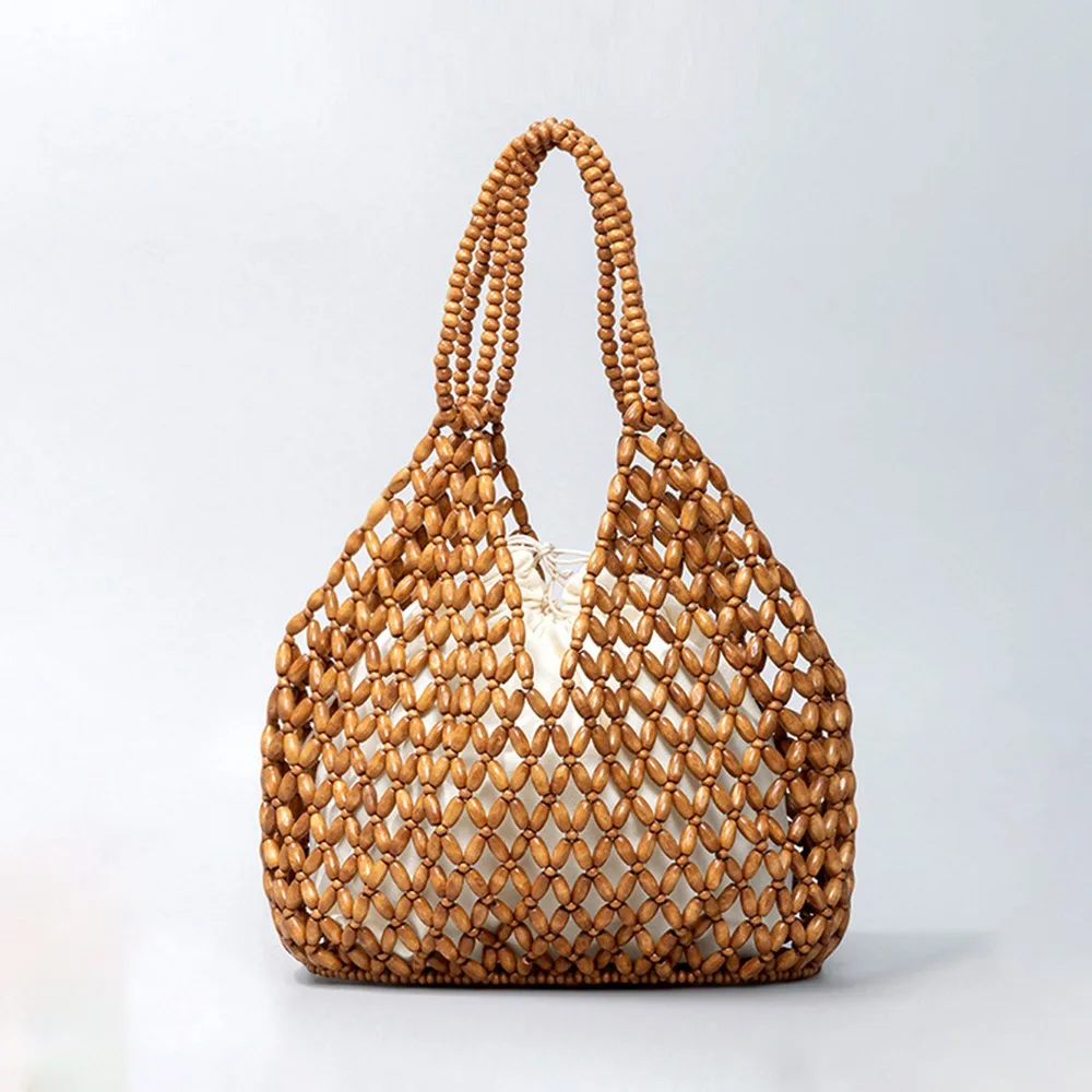 Trendy Polyester Lining Beaded Shoulder Bag Large Capacity Handwoven Ladies Handbag Bucket Shape Women Crossbody Bag Ladies