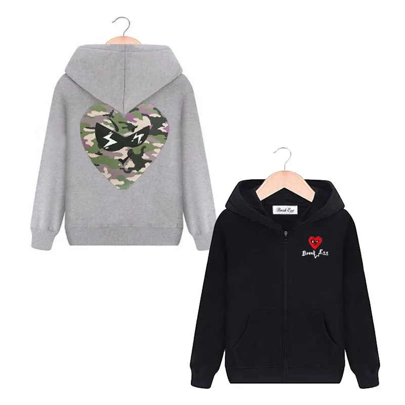 Break Egg Boy Girl Hoodie Cotton Heart Glasses Embroidery Back Cartoon Dot Camouflage Print Thin Zipper Pocket Autumn Sweater