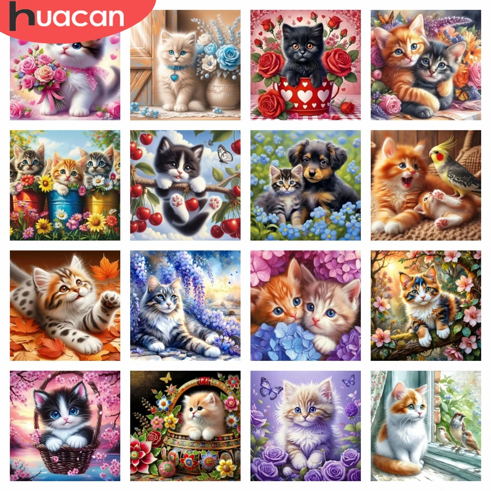 HUACAN Komplettset Diamant-Mosaik 5D Katze Blume Handgemachtes Hobby Kreatives Malen Rose Tier Heimdekoration DIY
