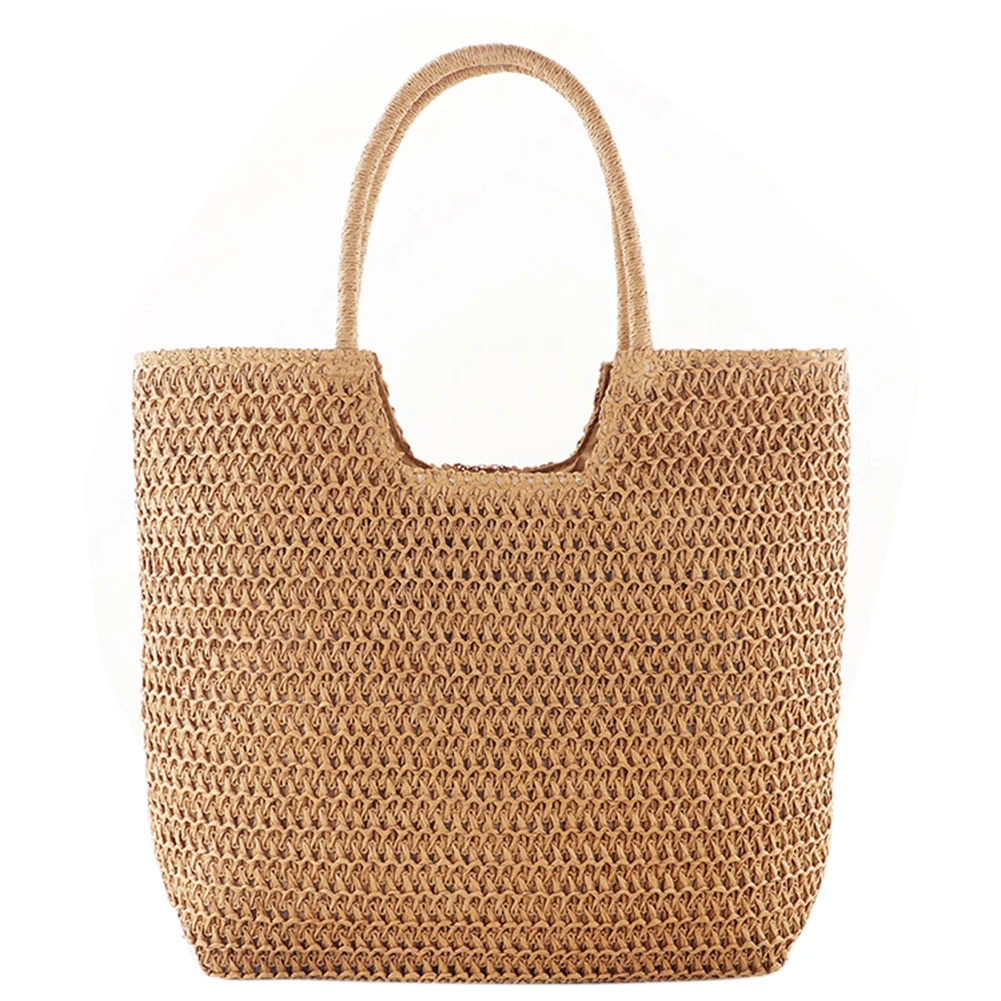 

Women Straw Tote Handbag Large Capacity Crochet Beach Handbag Solid Color Weaving Travel Handbag Ladies Summer Daily Bag