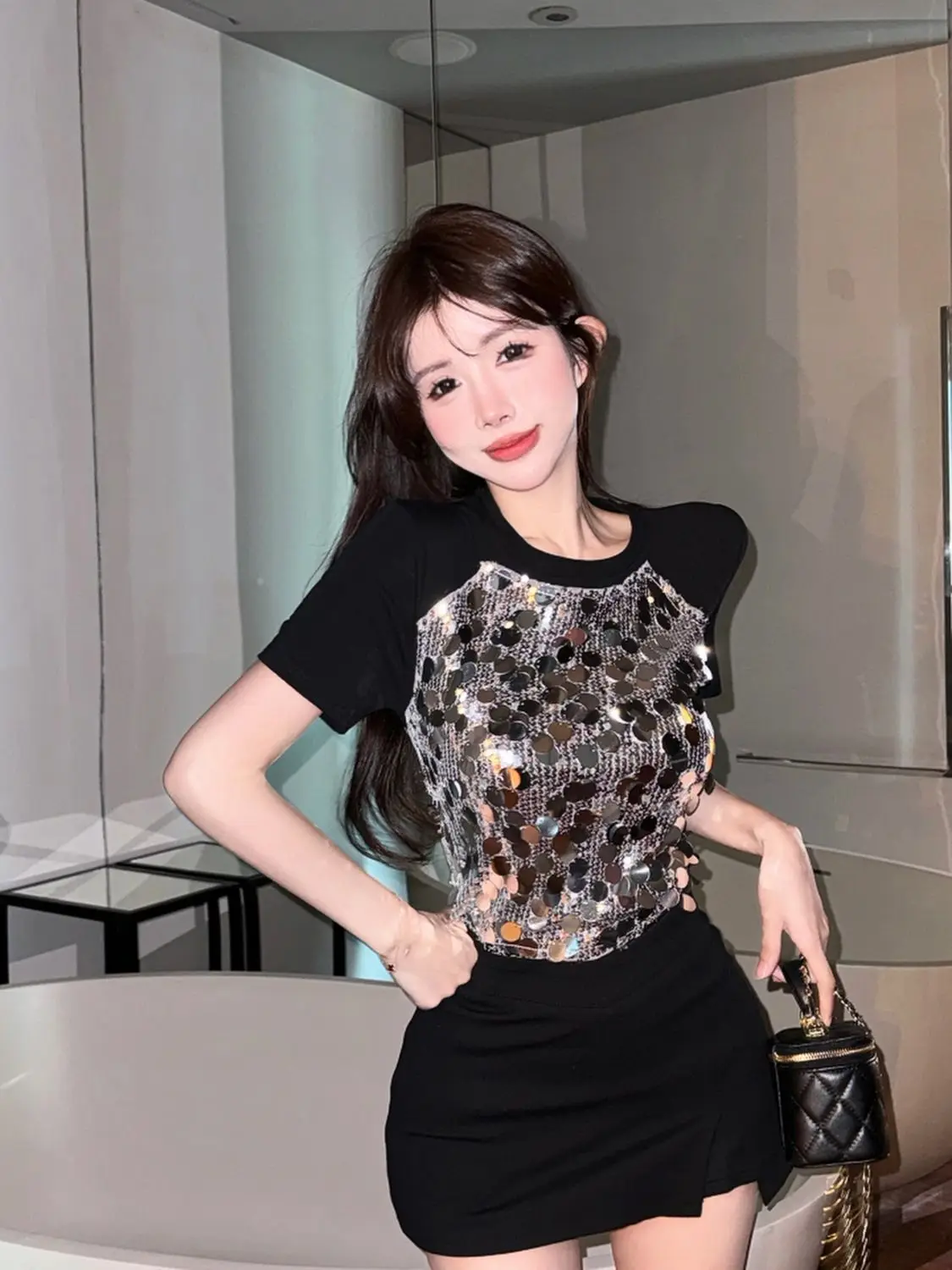T-shirts Women Summer Slim Cropped Tops Sequined Short Sleeve Stylish K-pop All-match Attractive Charming Sexy Girls Female Chic image 3