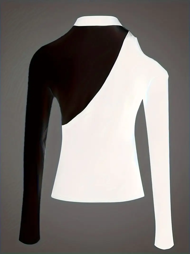 Women's Color Block Shoulder Cut Jumpsuit Slim Fit Pullover Atmosphere Design Casual Comfortable Wide Leg Long Sleeve