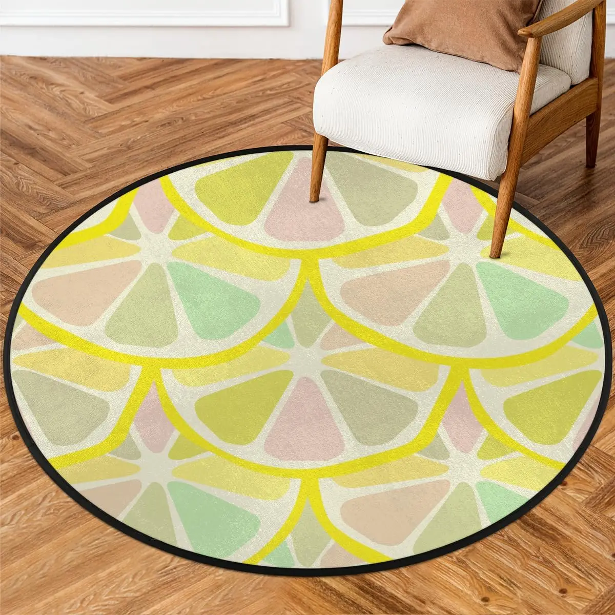 Summer Fruit Lemon Round Rug,Washable Soft Circular Floor Mat,Non Slip Low Pile Area Rugs for Kids Room Bedroom Bathroom Laundry