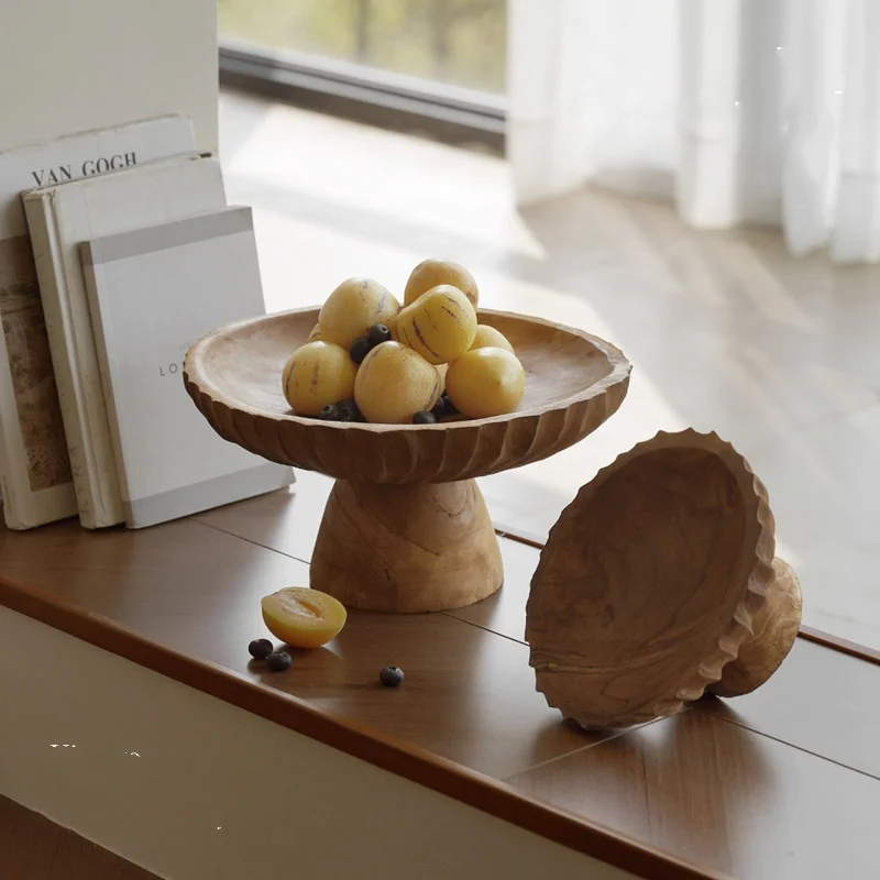 Wabi Sabi Vintage Solid Wood Fruit Tray,High Foot Fruit Bowl Decor,Luxury Home Tabletop Ornament Live Room Coffee Table Showroom