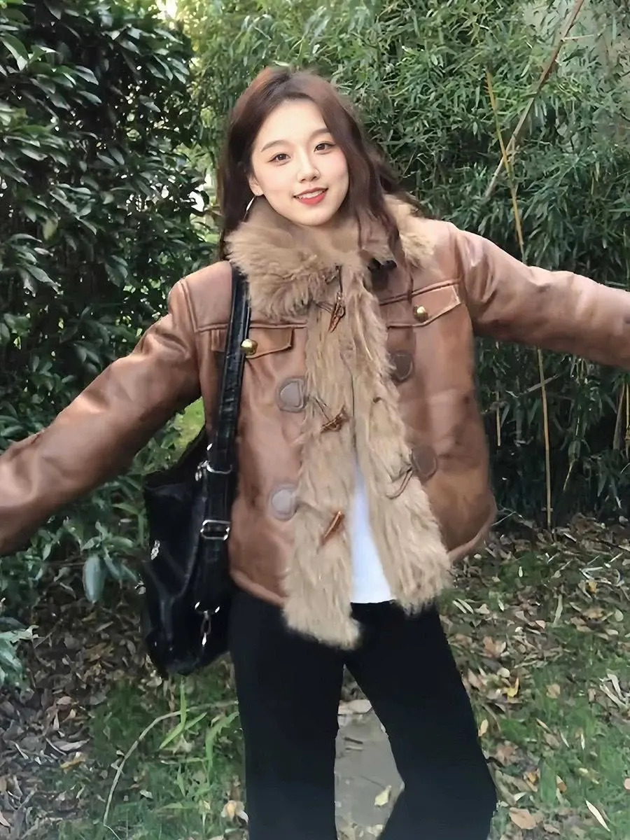 

2026 Brown Fur Jaet Women's Winter Thiened Eco-friendly Leather Coat Furry Biker Sle Casual Faion ort Coat