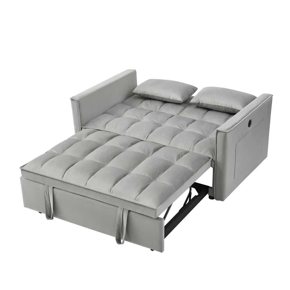 Sofá cama con puerto USB, cama ajustable 3 en 1 con cama extraíble, 2 almohadas lumbares y bolsillo lateral