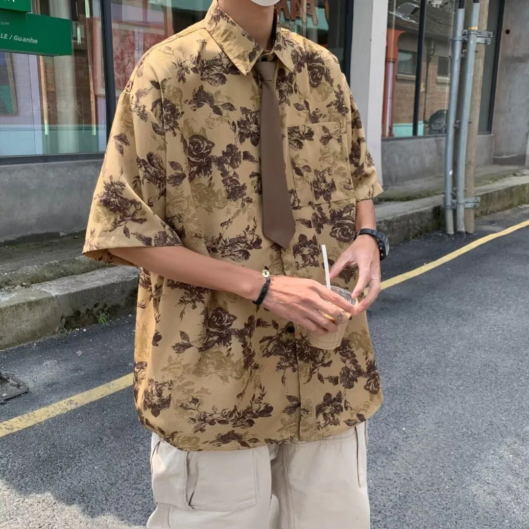 Hainan Island Casual Men's Short Sleeve Shirt Ultra-Thin Summer Beach Travel Polyester Fiber Print Casual Style Loose Fit