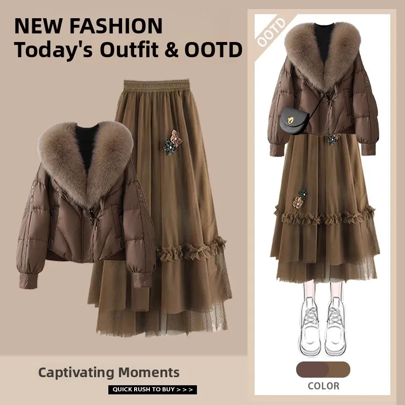 

Осенний комплект для женщин: утепленная хлопковая куртка, свободные брюки с широкими штанинами, комплект из трех предметов, юбка миди с высокой талией для молодых женщин