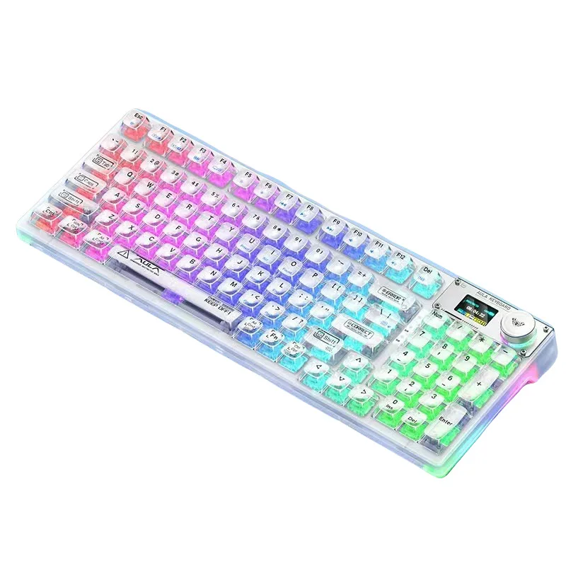 Le clavier mécanique à trois modes Bluetooth sans fil transparent F98pro comprend une structure de joint en cristal de glace et est échangeable à chaud
