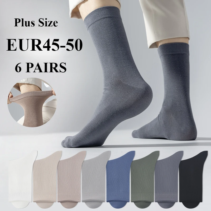 6 Pairs EUR44-50 Plus Size Men Socks High Quality Cotton Socks Breathable Mid Tube Sports Business Socks Black White