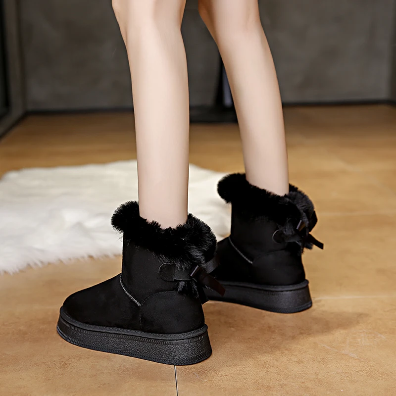 جديد عصري القوس جولة تو أحذية الثلوج أنيقة الشتاء شقة مقاومة للاهتراء لينة الطلاب بالإضافة إلى الأحذية النسائية الدافئة المخملية