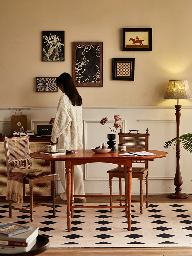 French retro folding dining table, small household solid wood antique restaurant oval table