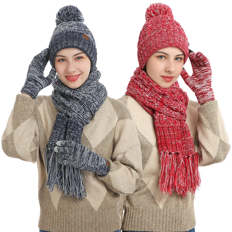 3pcs set Winter Scarf Hat Glove For Women Fashion Mixed Color Touch Screen Glove Lady Luxury Scarf Warm Beanie Hat Thicken Plush