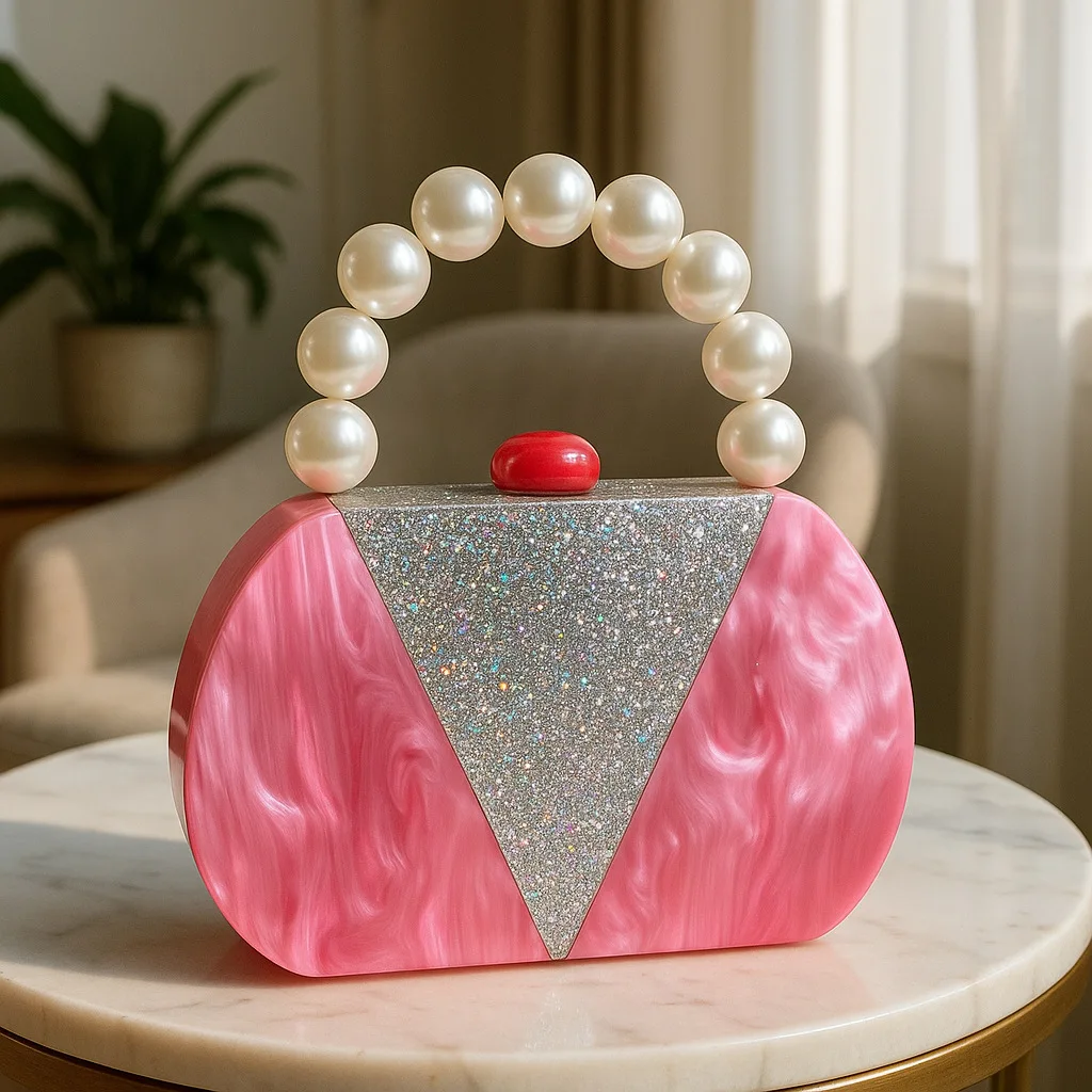 

Pink Party Prom Bead Handle Handbags Luxury Women Wedding Bridal Wallet Female Geometric Acrylic Box Clutches Gift Evening Purse