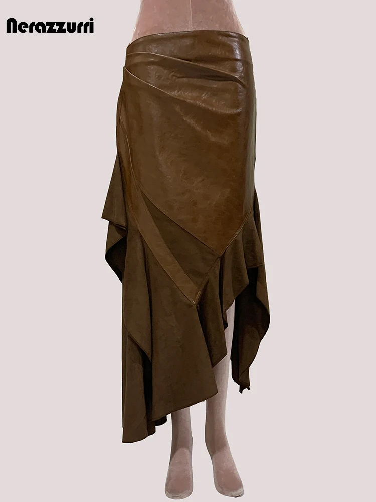 Nerazzurri Autunno Lungo Maillard Marrone Patchwork Pu Pelle Midi Gonna Asimmetrica Donna Designer di Lusso Vintage Emo Vestiti